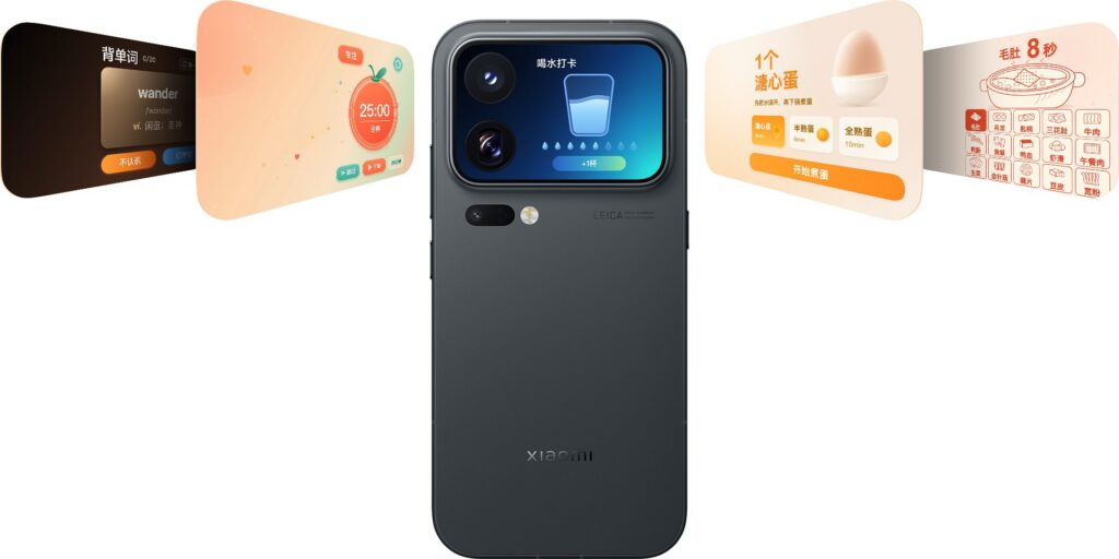 Back of the Xiaomi 18 Pro showing widgets on its rear display next to the cameras